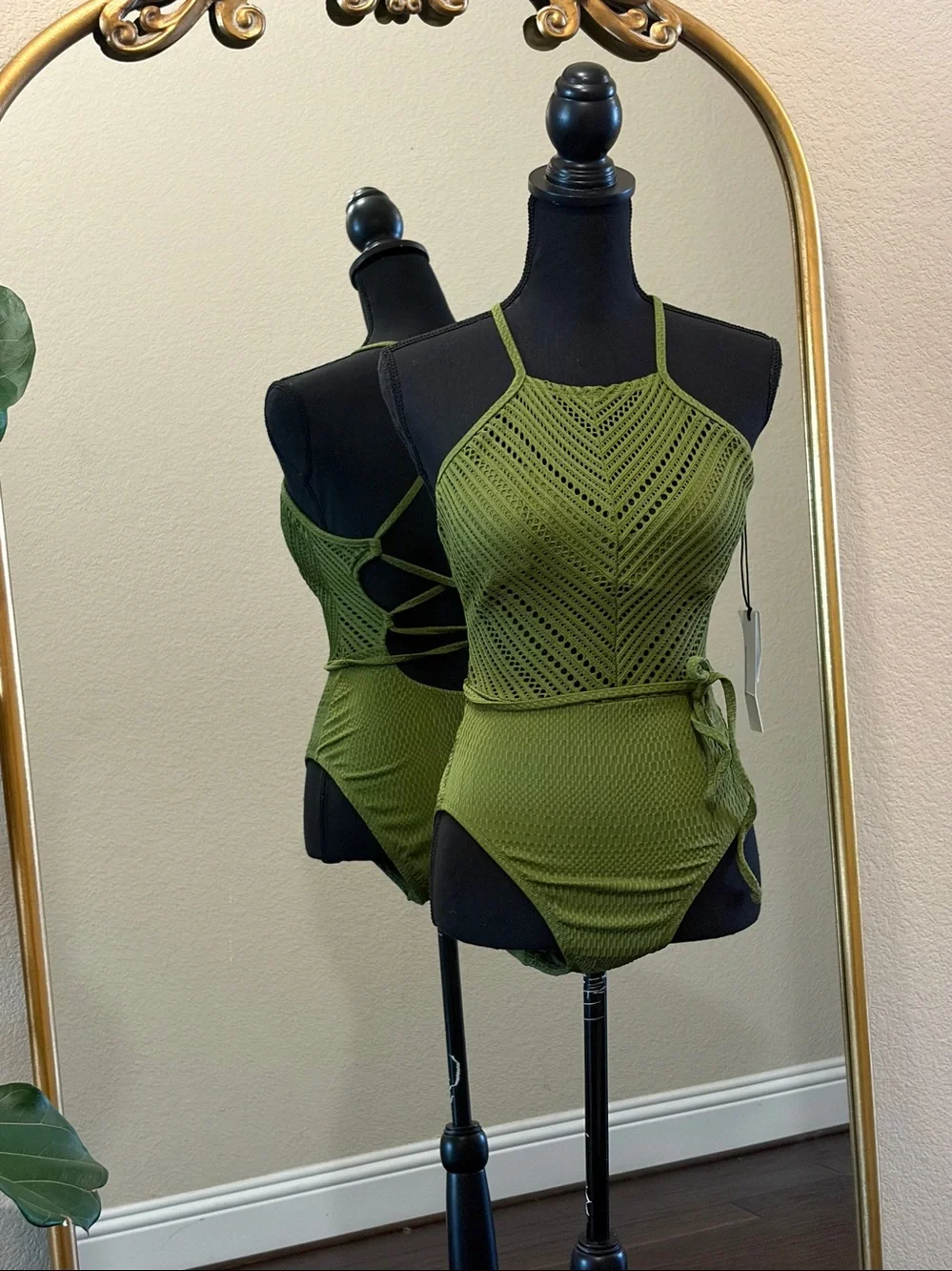 Robin Poccone Chic Green Crochet One-Piece Swimsuit Size 10